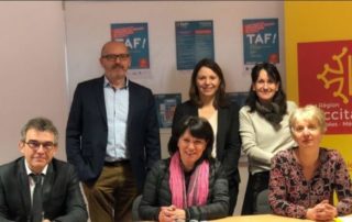 Les acteurs du TAF. Au premier rang : Thierry Couve, directeur de Pôle emploi Aveyron-Tarn, Monique Bultel-Herment, conseillère régionale et Anne Laurens, directrice de la Mission locale pour l'emploi./ Photo DDM, MCB