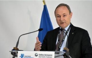 Jean-François Chanut, le PDG de Ratier Figeac, lors de son allocution, cet après-midi, à Figeac. DDM- MARC SALVET